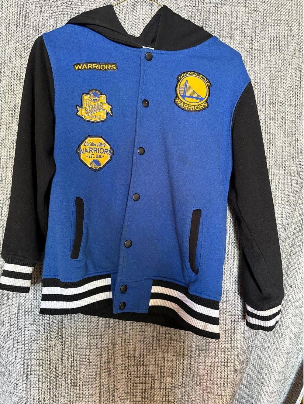 Golden State Warriors varsity-style hooded jacket. M